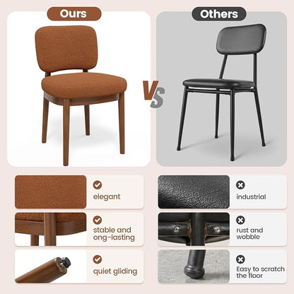 Wooden Dining Chairs Set of 6, Boucle Upholstered Kitchen Chairs with Solid Wood Legs, Mid Century Modern Dining Chairs, Farmhouse Side Chair with Hardwood Frame for Dining Room, Brown