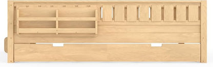 Bellemave Queen Kids Montessori Bed with Stairs, Bookshelf and Trundle, Solid Wood Kids Bed Frame with Storage for Boys Girls, Low Profile,Light Natural