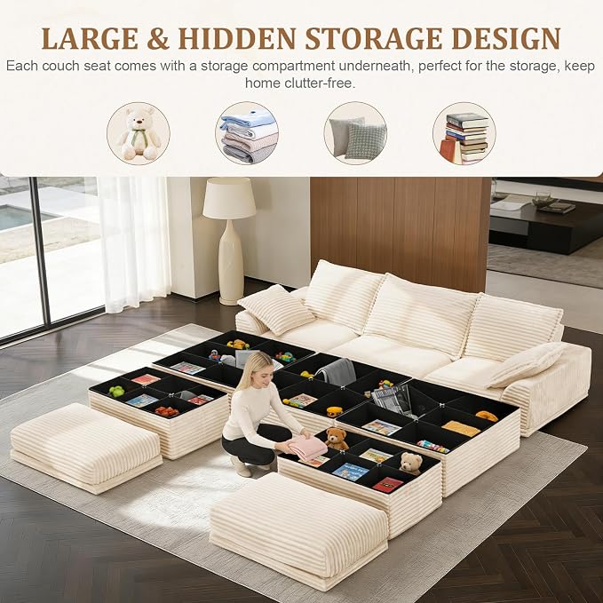 Upgrade Boneless Couch with Storage, Extra Deep&High Seat Modular Sectional Sofa 3 Seater U Shaped Cloud Couch with Ottoman, Tool-Free Assembly Sectional Couches for Living Room