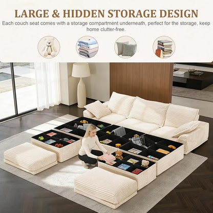 Upgrade Boneless Couch with Storage, Extra Deep&High Seat Modular Sectional Sofa 3 Seater U Shaped Cloud Couch with Ottoman, Tool-Free Assembly Sectional Couches for Living Room