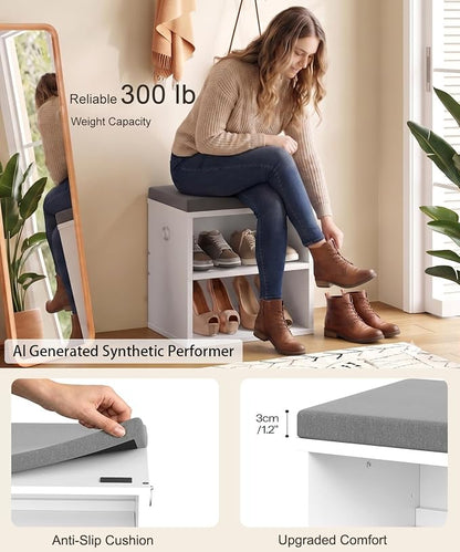 HOOBRO Shoe Storage Bench with Cushion, Entryway Bench with Coat Rack Set, Small Shoe Storage Organizer with Adjustable Shelf, for Narrow Hallway Foyer, Bedroom, White and Gray WG28HX01