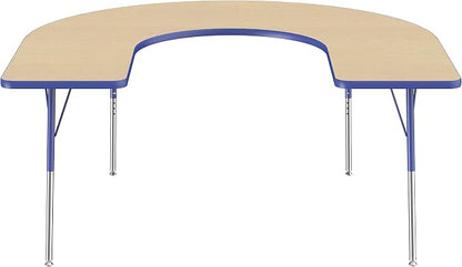 FDP Horseshoe Activity School and Office Table (60 x 66 inch), Standard Legs with Swivel Glides for Collaborative Seating Environments, Adjustable Height 19-30 inches - Maple Top and Blue Edge