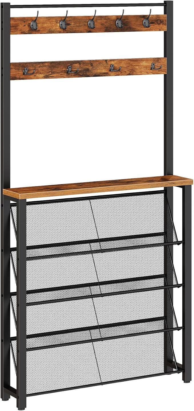 HOOBRO Hall Tree with Bench, Narrow Shoe Rack with Coat Rack, Coat Rack with Shoe Storage, 5 Tier Slanted Shoe Storage Organizer, Coat and Shoe Rack Entryway, Slim Hall Tree, Rustic Brown BF20MT01
