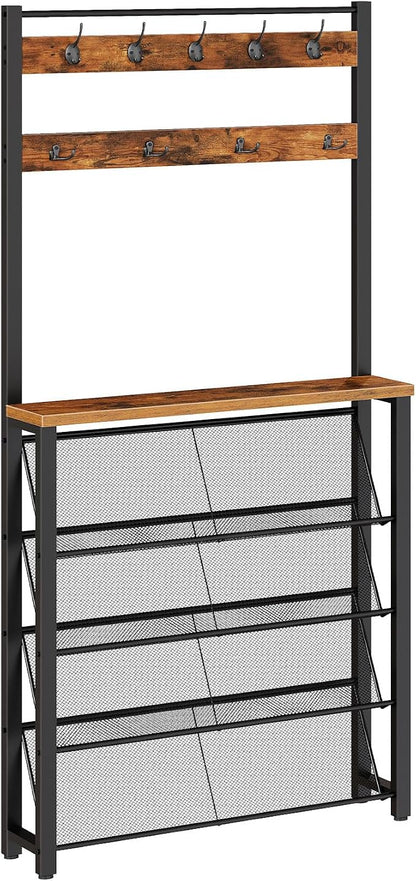HOOBRO Hall Tree with Bench, Narrow Shoe Rack with Coat Rack, Coat Rack with Shoe Storage, 5 Tier Slanted Shoe Storage Organizer, Coat and Shoe Rack Entryway, Slim Hall Tree, Rustic Brown BF20MT01