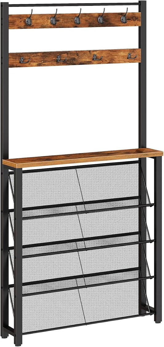 HOOBRO Hall Tree with Bench, Narrow Shoe Rack with Coat Rack, Coat Rack with Shoe Storage, 5 Tier Slanted Shoe Storage Organizer, Coat and Shoe Rack Entryway, Slim Hall Tree, Rustic Brown BF20MT01