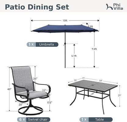 PHI VILLA 8 Piece Patio Dining Set with 13ft Patio Umbrella (Navy Blue), 6 Outdoor Swivel Dining Chairs & 1 Large Metal Dining Table for Deck Lawn Garden (No Umbrella Base)