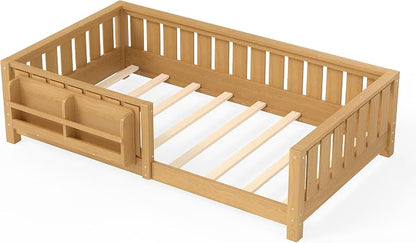 Bellemave Twin Floor Bed with Rails and Slats, Twin Size Montessori Floor Bed with Bookshelf and Fence, Easy Assemble Montessori Beds Frame for Girls, Boys, Deep Natural