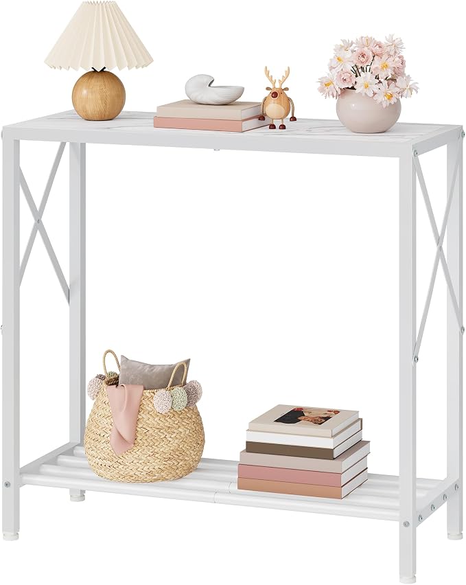 Tajsoon 28.3" Entryway Table, 2-Tier Small Consle Table for Entryway, Narrow Sofa Table with Shelves, Entrace Table for Hallway, Living Room, Corridor, Office, White