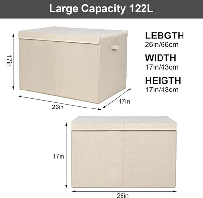 popoly 122L Large Toy Box Chest with Lid, Foldable Toy Storage Organizer Bin Boxes with Removable Divider for Kids, Boys, Girls, Nursery, Playroom, 26"x17" x17" (Linen Beige)