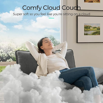 LINSY HOME 123'' Modular Sectional Sofa 3 Seat Couch Corduroy Cloud Couch with Deep Seat, Modern L-Shaped Cloud Couch with 1 Movable Ottoman for Living Room, Office, Bedroom, Grey