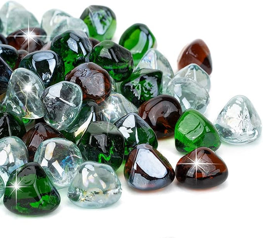 onlyfire 10-Pounds Fire Glass Diamonds for Propane Fire Pit, 1 Inch Blended Firepit Glass Rocks Stones for Gas Fireplace and Fire Pit Table, Emerald Green, Crystal Ice and Amber