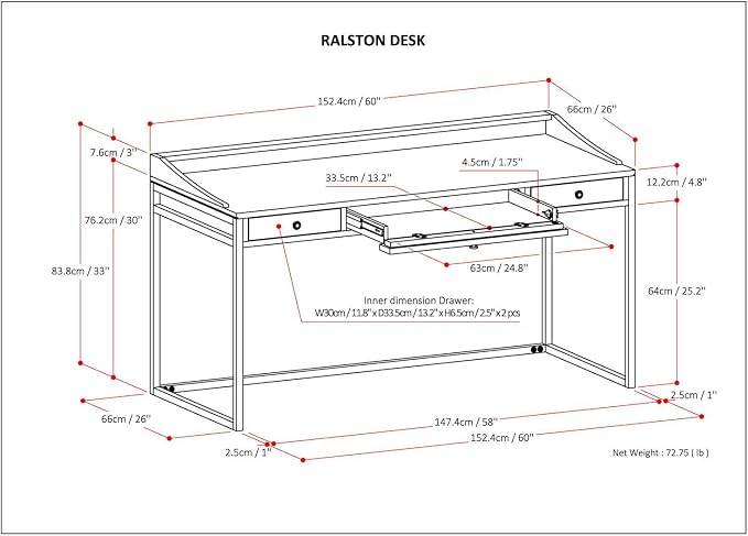 SIMPLIHOME Ralston Desk - 60 Inch Wide Solid Acacia Wood and Metal Writing Desk in Distressed Golden Wheat, Modern Industrial Home Office Computer Table with 2 Drawers and Flip-Down Keyboard Tray