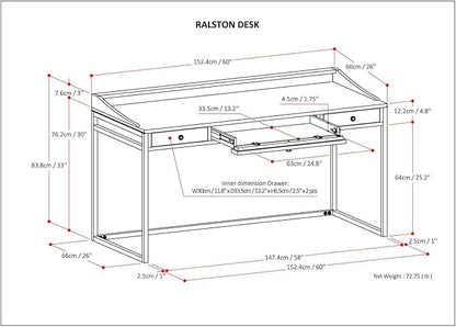 SIMPLIHOME Ralston Desk - 60 Inch Wide Solid Acacia Wood and Metal Writing Desk in Distressed Golden Wheat, Modern Industrial Home Office Computer Table with 2 Drawers and Flip-Down Keyboard Tray