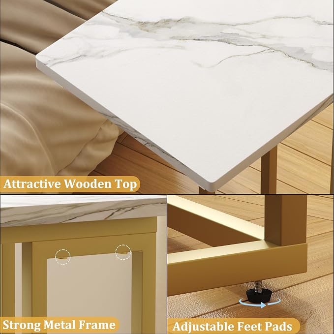 Function Home C Shaped End Table, Small Side Tables for Sofa Bed, Couch Tables that Slide Under, Drink Snack Table for Living Room Bedroom Small Space, White Wood Top and Gold Metal Frame