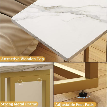 Function Home C Shaped End Table, Small Side Tables for Sofa Bed, Couch Tables that Slide Under, Drink Snack Table for Living Room Bedroom Small Space, White Wood Top and Gold Metal Frame