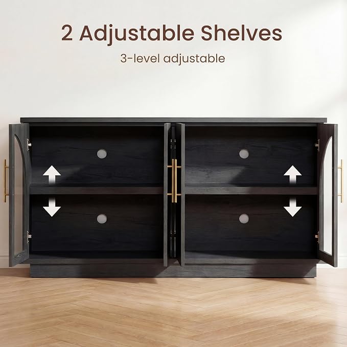 Arden Collection 3-Piece Display & Storage Cabinet Set, Arched Glass Door Sideboard and Tall Pantry Cabinets with LED Lighting, Wine Storage and Charging Station for Dining Room, Coffee Bar,Black Grey