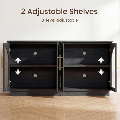 Arden Collection 3-Piece Display & Storage Cabinet Set, Arched Glass Door Sideboard and Tall Pantry Cabinets with LED Lighting, Wine Storage and Charging Station for Dining Room, Coffee Bar,Black Grey
