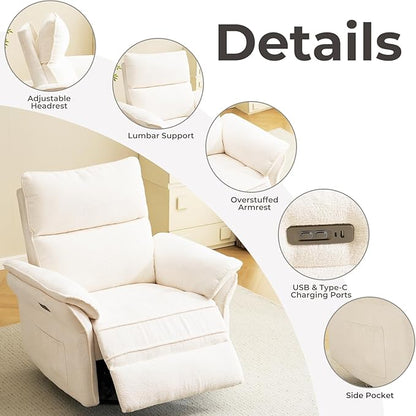 Oversized Power Recliner Chair Swivel Glider with Massage and Heat, Rocker Nursery Recliner for Adults with Adjustable Headrest, 26" Extra Wide Nursery Chair with Overstuffed Armrest,White