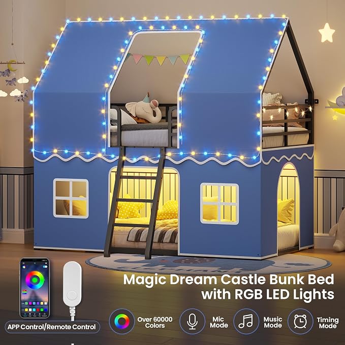BTHFST Bunk Bed Twin Over Twin with Play Curtain, House Bunk Bed with LED Lights, Metal Boys Bunk Bed with Inclined Ladder and Guardrail, Space Saving, No Box Spring Needed, Royal Blue