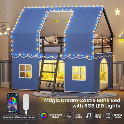 BTHFST Bunk Bed Twin Over Twin with Play Curtain, House Bunk Bed with LED Lights, Metal Boys Bunk Bed with Inclined Ladder and Guardrail, Space Saving, No Box Spring Needed, Royal Blue