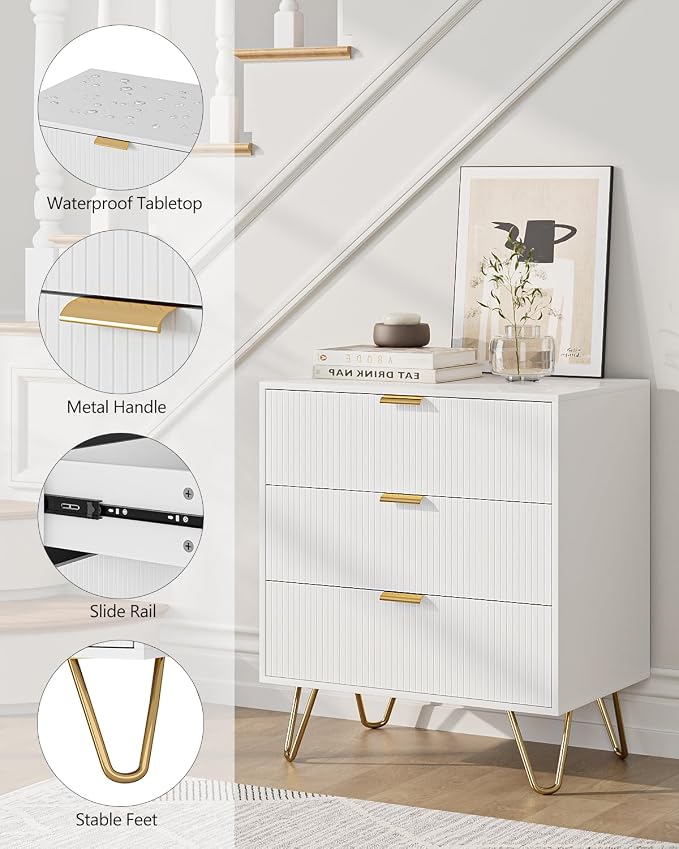 Fluted 3 Drawer Dresser for Bedroom, Modern Storage Bedroom Dresser Chest Cabinet Organizer with Anti-Tip Hardware for Living Room, Dressing Room, Kids Room, Office (White)