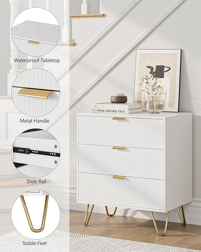 Fluted 3 Drawer Dresser for Bedroom, Modern Storage Bedroom Dresser Chest Cabinet Organizer with Anti-Tip Hardware for Living Room, Dressing Room, Kids Room, Office (White)