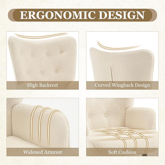 Furnimart Accent Chairs Set of 2, White Sherpa Reading Armchair with High Backrest, Wingback Corner Chair Mid Century Modern for Living Room, Bedroom, Waiting Room