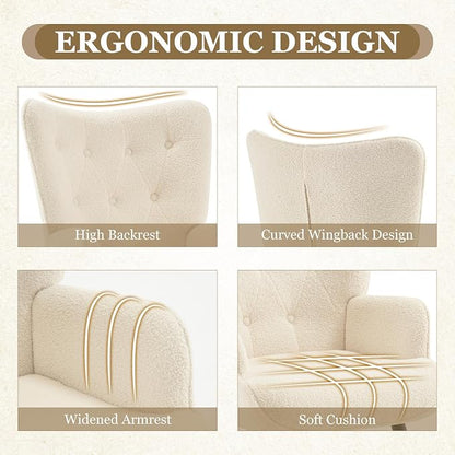 Furnimart Faux Fur White Accent Chair Mid Century Modern Living Room Chairs; Comfy Armchair Leisure Vanity Guest Wingback Chair for Office Study Vanity Bedroom Waiting Room White