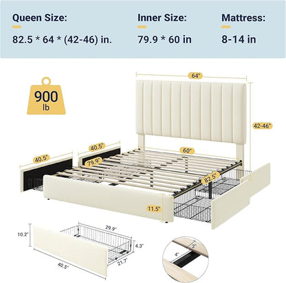 Allewie Queen Size Storage Bed Frame, Vertical Channel Tufted Adjustable Headboard, Velvet Upholstered Platform Bed with 4 Oversized Underbed Drawers, Wooden Slats Support, No Box Spring Needed, Cream