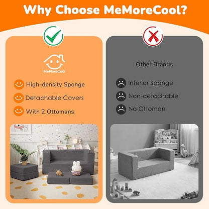 MeMoreCool Modular Kids Couch, Corduroy Play Toddler Couch for Bedroom Playroom Furniture, Convertible Foam Kids Sofa Bed, Fold Out Baby Sofa for Girl Boy, Dark Grey