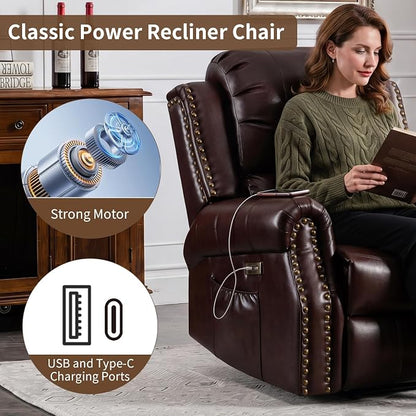 HAOMARKETS Classic Power Recliner Chair with Massage and Heat, Breathable Faux Leather Electric Recliner with USB&Type-C Ports, Overstuffed Reclining Sofa with Rivets for Living Room, Caramel Brown