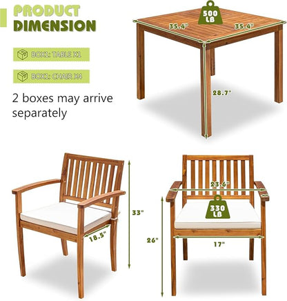 Flamaker 5 Piece Outdoor Dining Set Acacia Wood Patio Table and Chairs with Soft Cushions Patio Furniture for Deck, Backyard, Garden