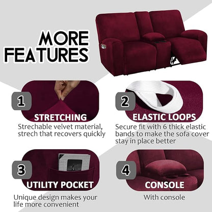 Reclining Love Seat with Middle Console Slipcover, 8-Piece Velvet Stretch Loveseat Reclining Sofa Covers, 2 seat Loveseat Recliner Cover, Thick, Soft, Washable, Loveseat Slipcovers (Burgundy - Wine)