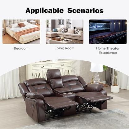 EBELLO Manual Faux Leather Loveseat Recliner, 2 Seat Reclining Sofa Chair with Center Console, Hidden Storage and Cup Holders, Daul Recliner for Living Room, Meeting Room, Dark Brown (Loveseat)