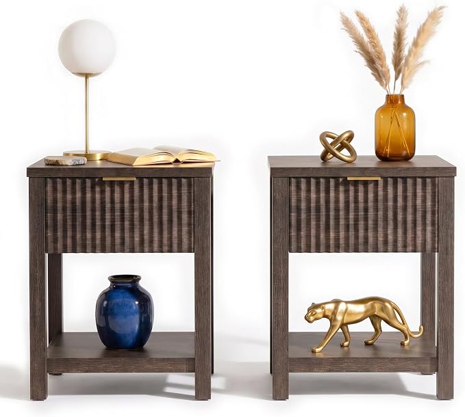 Fluted Night Stand with Golden Handle,Set of 2 Mid-Century Nightstands with Drawer,Bedside Table with Storage Shelf,Large Wood End Tables for Livingroom,Bed Side Tables for Bedroom,Walnut