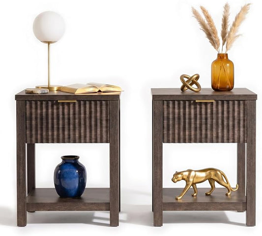 Fluted Night Stand with Golden Handle,Set of 2 Mid-Century Nightstands with Drawer,Bedside Table with Storage Shelf,Large Wood End Tables for Livingroom,Bed Side Tables for Bedroom,Walnut