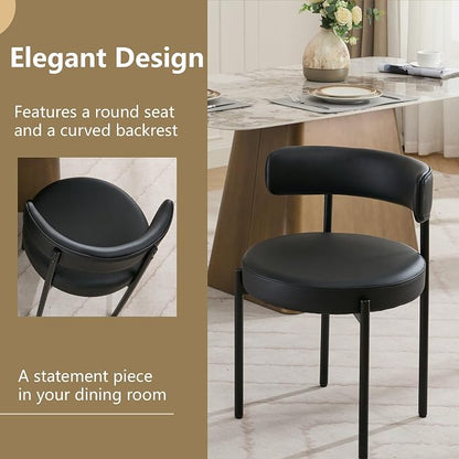 Faux Leather Dining Chairs Set of 6, Upholstered Kitchen and Dining Room Chairs, Mid-Century Modern Dining Chairs with Round Back and Black Metal Legs, Vegan Leather, Black