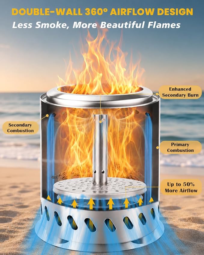 Tabletop Fire Pit 9.7 x 7.1 In, Portable Smokeless Mini Fire Pit for Patio & Camping, Stainless Steel Table Top Firepit for Wood Pellets, with Heat-Resistant Mat, Travel Bag & Roasting Sticks