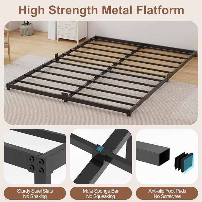 3 Inch Low Profile King Size Bed Frame, Noise-Free Heavy Duty Metal Platform with Mattress Stopper, No Box Spring Needed, Easy Assembly Steel Support, Black