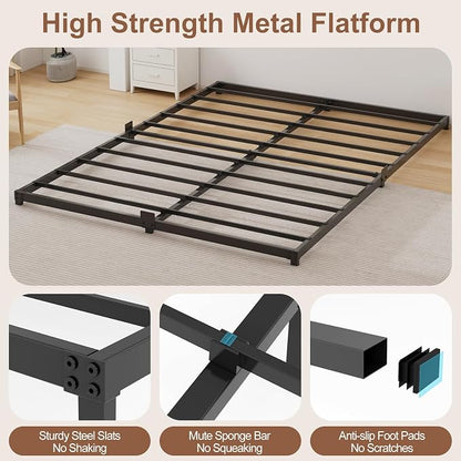 3 Inch Low Profile Queen Size Bed Frame, Noise-Free Heavy Duty Metal Platform with Mattress Stopper, No Box Spring Needed, Easy Assembly Steel Support, Black