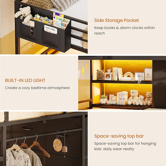 Full Over Twin Bunk Bed with 6 Drawers, Metal Frame Bunk Bed with LED Lights, Convertible Storage Bunk Bed with Extra-High Guardrails & Non-Slip Ladder, 2-Way Installation,for Teens, Black