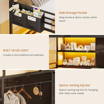 Full Over Twin Bunk Bed with 6 Drawers, Metal Frame Bunk Bed with LED Lights, Convertible Storage Bunk Bed with Extra-High Guardrails & Non-Slip Ladder, 2-Way Installation,for Teens, Black