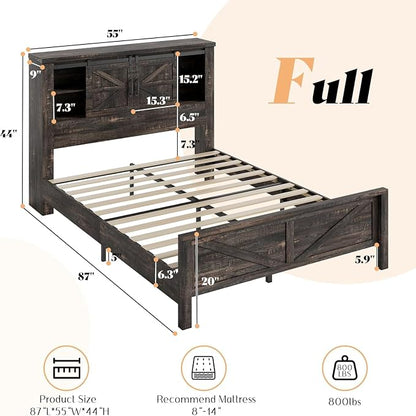 AMERLIFE 3-Piece Farmhouse Bedroom Set, Full Size Bed with Sliding Barn Doors & Bookcase Headboard, 5-Drawer Tall Dresser, 4-Drawer Wide Dresser, Black Oak