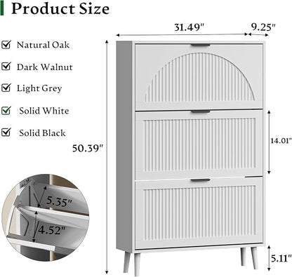 Xixini Shoe Storage Cabinet with 3 Flip Drawers, 50" Tall Narrow Wood Fluted Shoe Organizer for Entryway, Freestanding Wooden Hidden Slim Shoe Rack for Front Door Entrance, Hallway, Foyer, Solid White