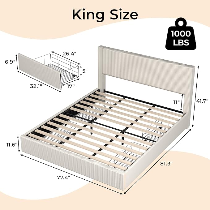 IDEALHOUSE King Size Bed Frame with 4 Storage Drawers, Corduroy Upholstered Bed Frame with Tufted Wingback Headboard, Strong Wooden Slats Support, No Box Spring Needed, Beige