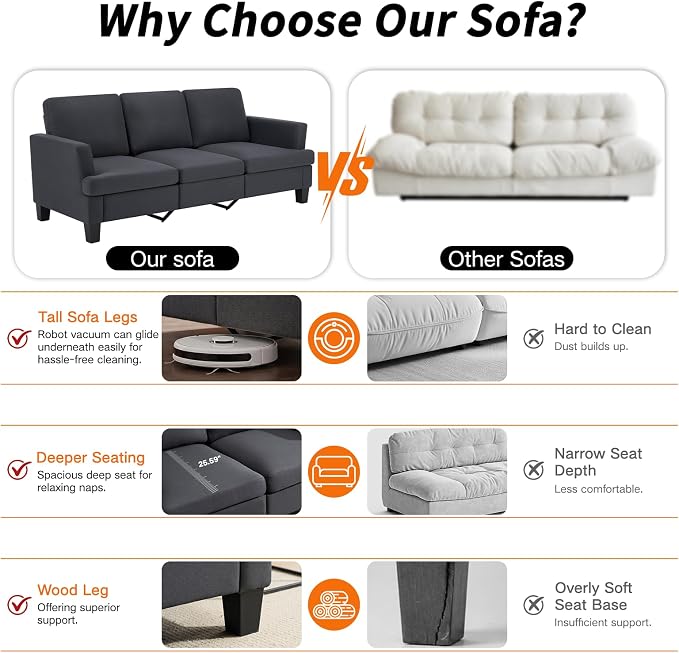 Modern 3 Seater Sofa for Living Room with Soft Deep Seats, Sofa 3 Seater in Linen, Upholstered Apartment Sofa with Armrests, Comfy Cozy Sofas for Bedroom (Linen, Dark Grey)