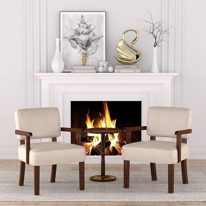 FAGAGA Accent Chairs Set of 2 with Table, PU Leather Chair for Living Room Oversized Armchair with Soft Seat and Armrests for Bedroom Dinning Reading Waiting Room (Leather Beige)