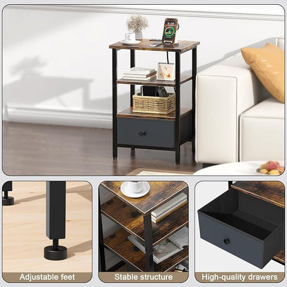 Side Table with Charging Station, Nightstand with Adjustable Fabric Drawer, Bedside Table for Bedrooms, Living Rooms & Home Decor (Brown Black)