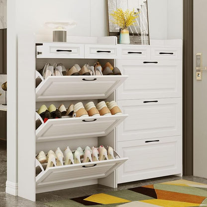 Shoe Cabinet Storage for Entryway with 3 Large Flip Drawers & 2 Storage Drawers, Narrow Shoe Organizer Cabinet Fits for Kinds of Shoes, Slim Shoe Storage Cabinet for Entryway, Hallway, Living room