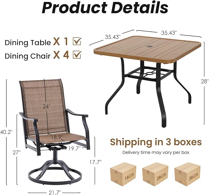 Soohow Patio Dining Set for 4, 5-Piece Outdoor Dining Set 4 x Swivel Patio Chairs and 35"x35" Outdoor Dining Table with 1.57" Umbrella Hole, Wood-Like, for Poolside, Backyard